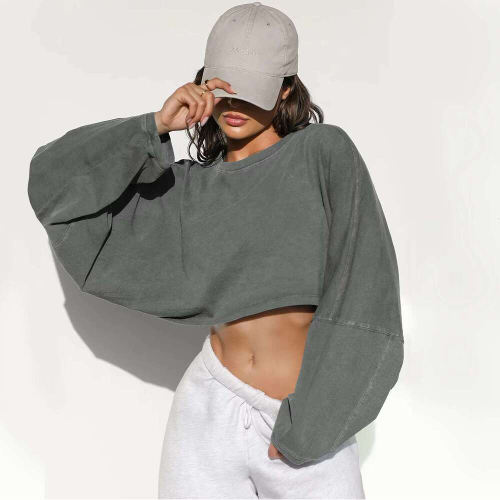 Custom Crop Hoodies For Women High Quality Cropped Tops Short Solid Color Casual Oversized Drop Shoulder Hoodie