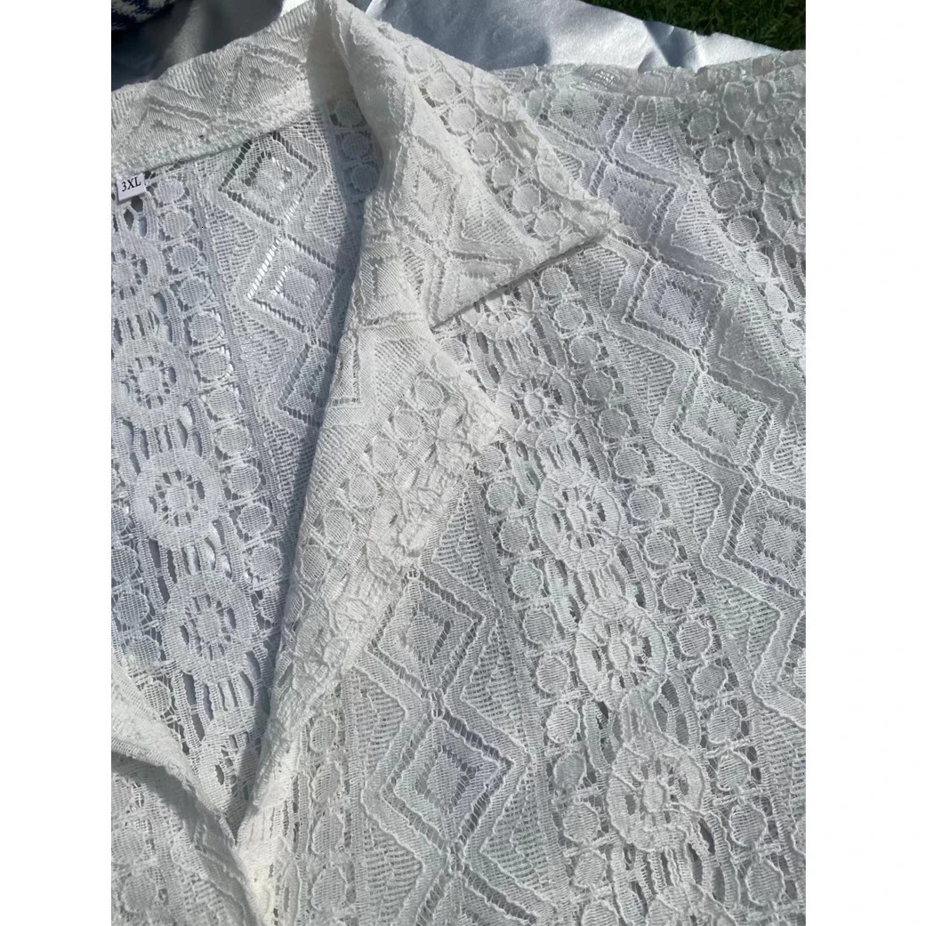 Summer Fashion Casual Style Mens Tops Hollow Out Lace Pane Solid Printed Sexy Blouse Male Knitted Short-sleeved Shirts 250222