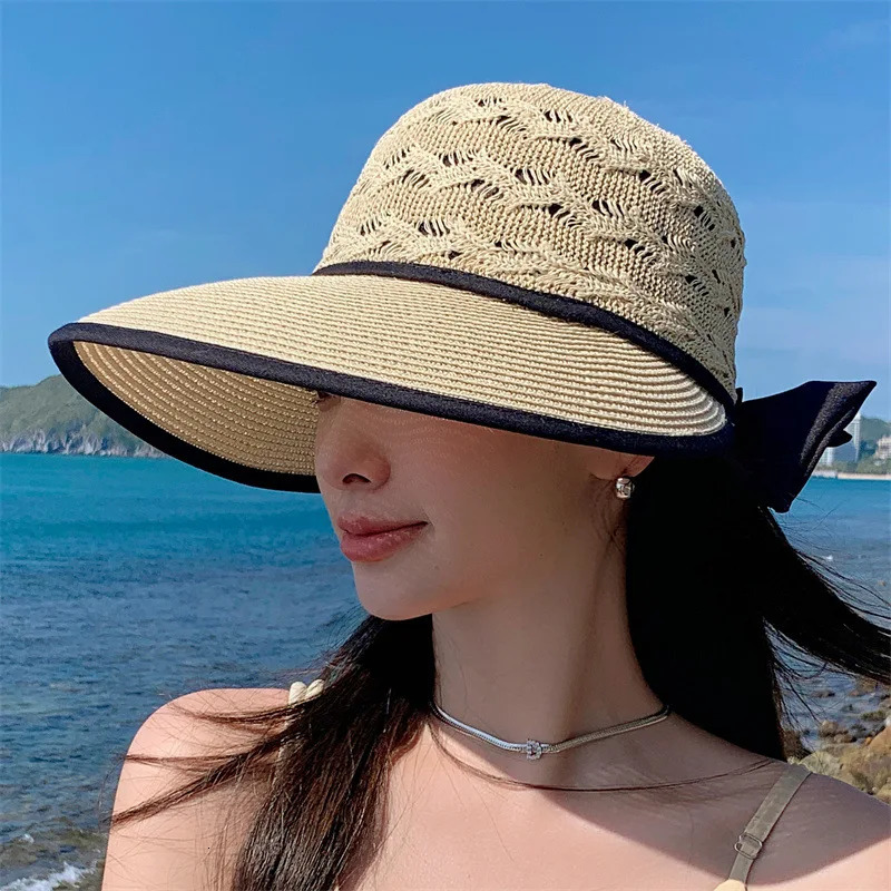 Women Ponytail Straw Sun Hat Wide Brim Visor Summer Adjustable Cap Sun Beach Foldable Hats 250218
