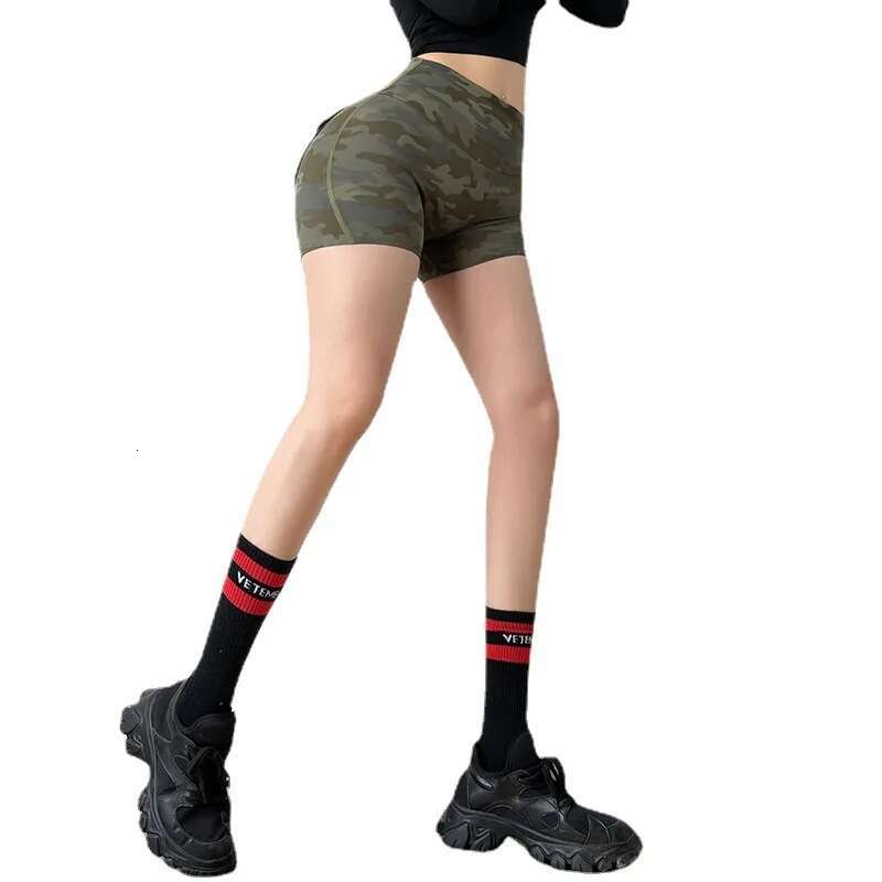 Women Overalls With Pockets Camouflage Soft Tight Slim Yoga High Waist Peach Lifting Buttocks Sports Fiess Shorts