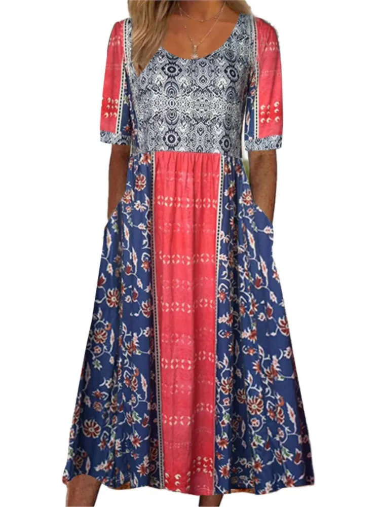 Summer O-neck Short Sleeve Bohemian Maxi Dress Women Fashion Flower Printing Vintage Female Dress Casual Holiday Dresses 250225