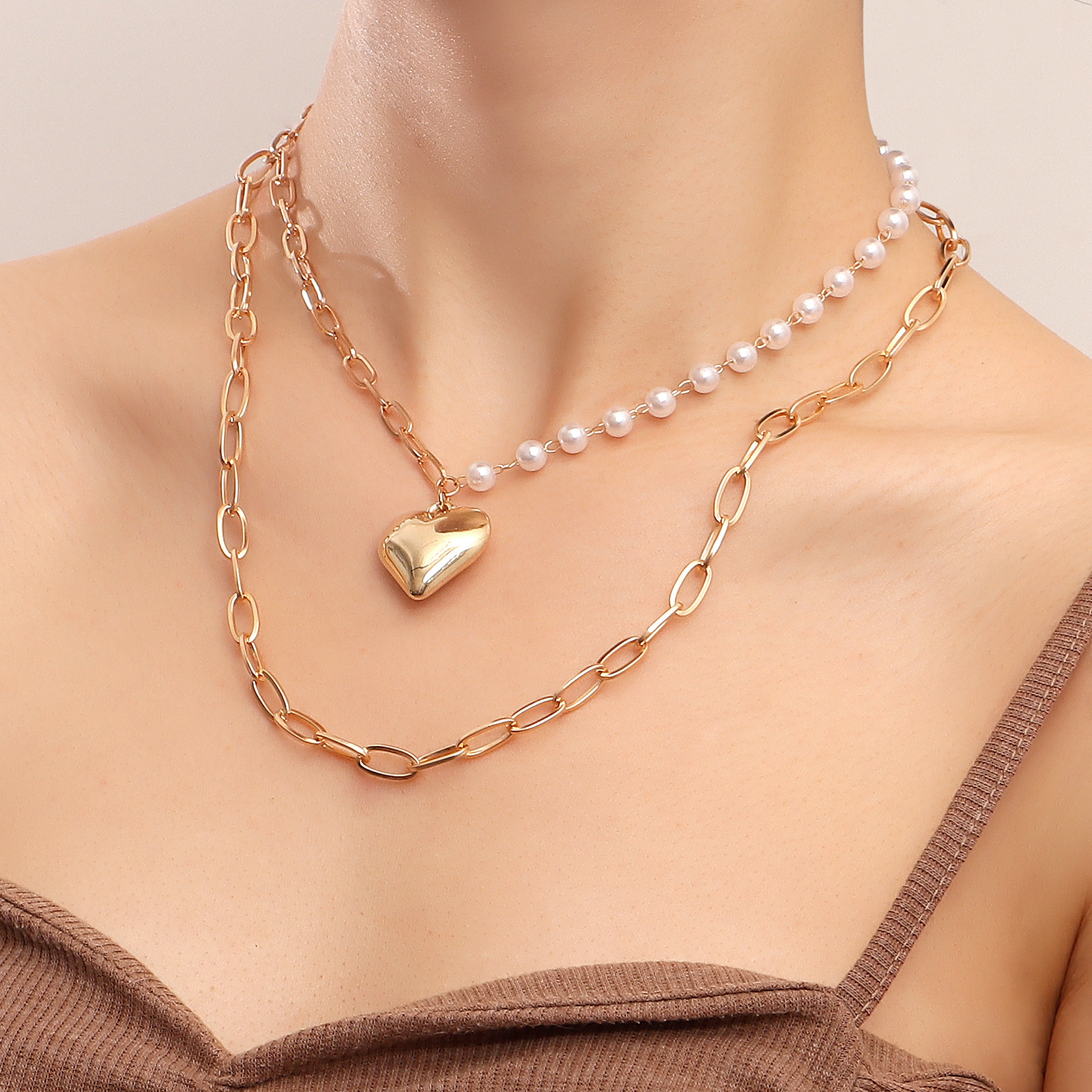 Double geometric large peach heart pendant imitation pearl necklace female ins wind hundred with necklace Europe and the United States punk jewelry