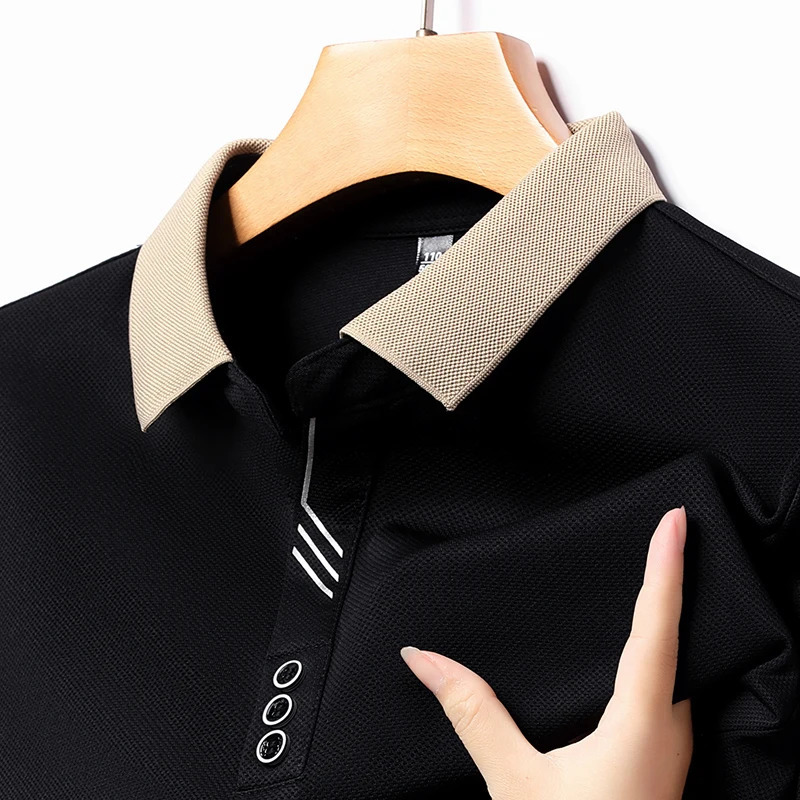 Mens Long-sleeved Polo Shirt Sweatwear Business Casual Top Fashion Classic Solid Color Male Basic V-neck Top 250226