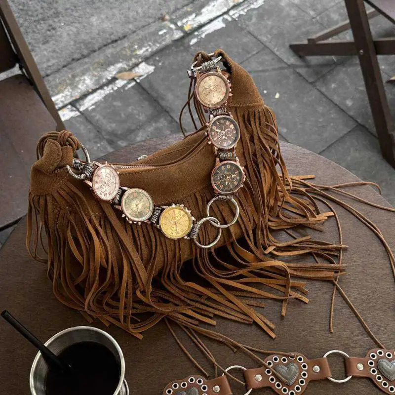 Original Tassel Decoration Suede Frosted Leather Women Bag Metal Clock Shoulder Strap Single Shoulder Crossbody Bag Trendy 250225