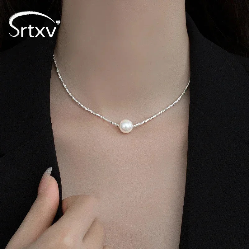 Sparkling 12mm Pearl Pendant Necklace For Women Girl 100% 925 Sterling Silver Choker Chain Wedding Birthday Party Gift Jewelry 250222
