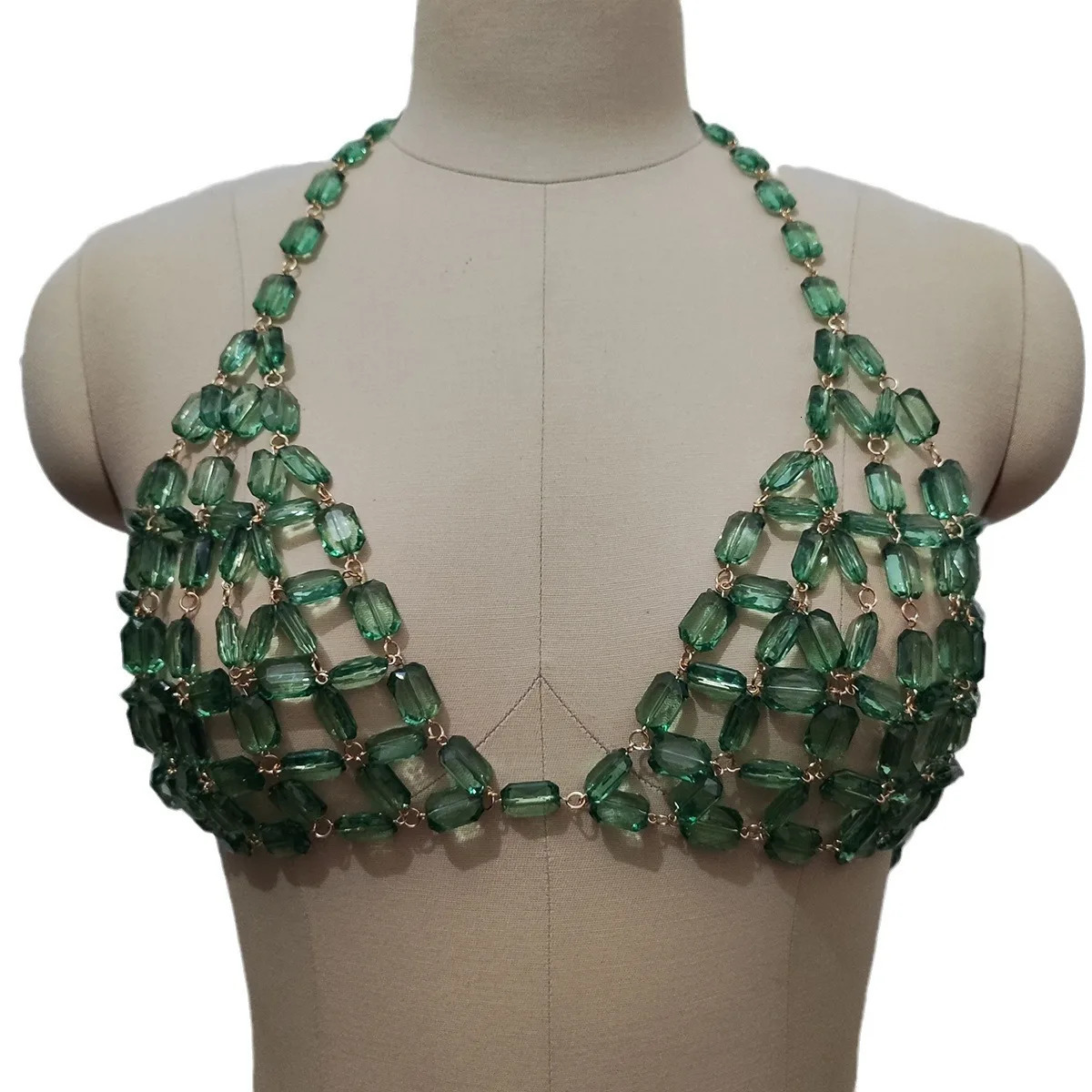 Sexy Green Beaded Crystal Camisole Chest Bra Lingerie Chain Women Bikini Elegant Festival Nightclub Body Jewelry Y2K Accessories 250225