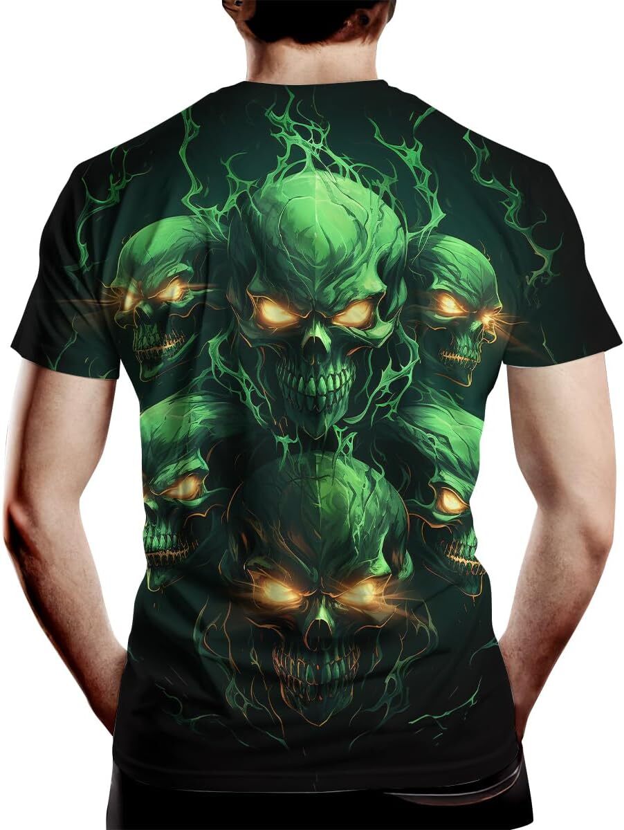 Mens T shirt Novelity 3D Print Skull T-Shirts for Men Flame Skull Graphic Short Sleeve Tee Shirt tee Casual tops summer clothes green
