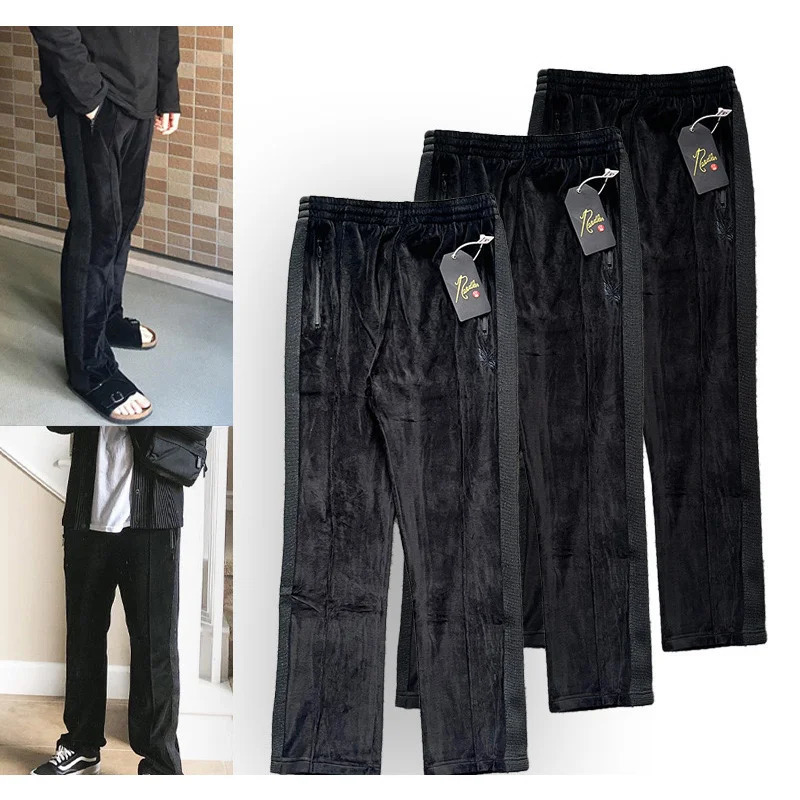 2025Needles Track Casual Black Velvet Drawstring Pants Men Women Jogger Striped Sweatpants Butterfly Embroidery Track Trousers 250226