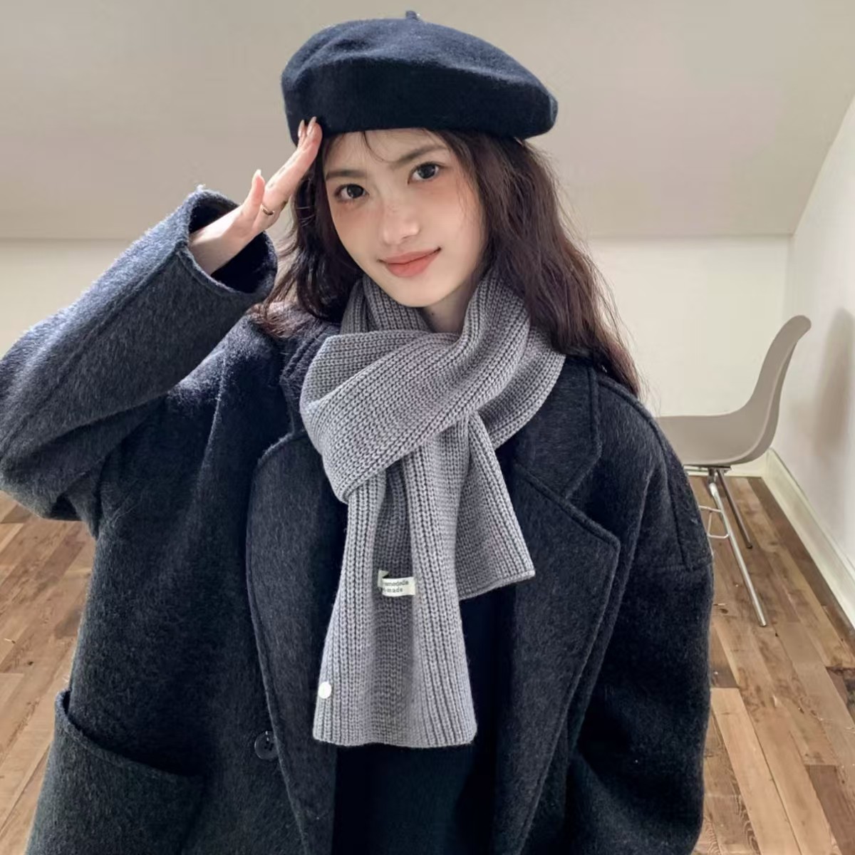 K008 Shell scarf winter wool scarf women's monochrome letter logo knitted neck warm plus velvet thickened all-match cold protection