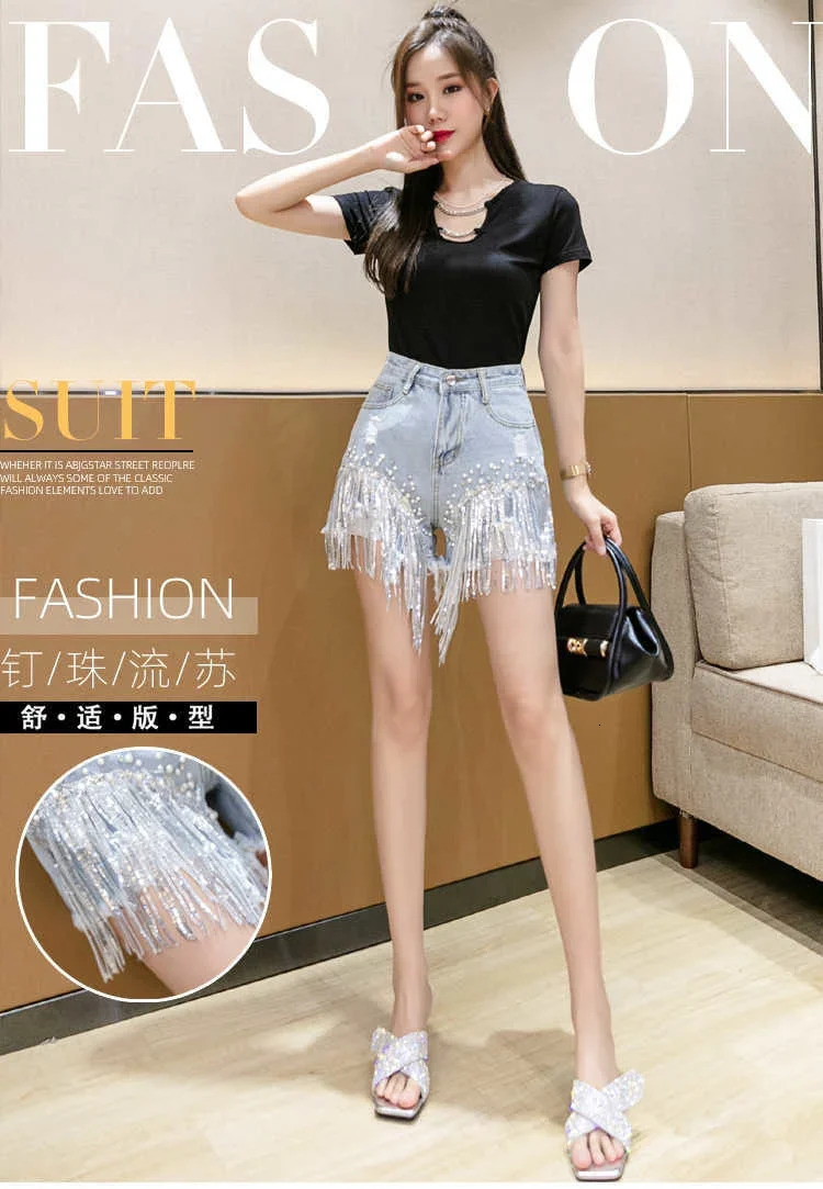 Womens Summer Denim Shorts Y2k Elegant Fashion High Waist Diamond Studded Rhinestones Sequin Jean Pants for Ladies 250226