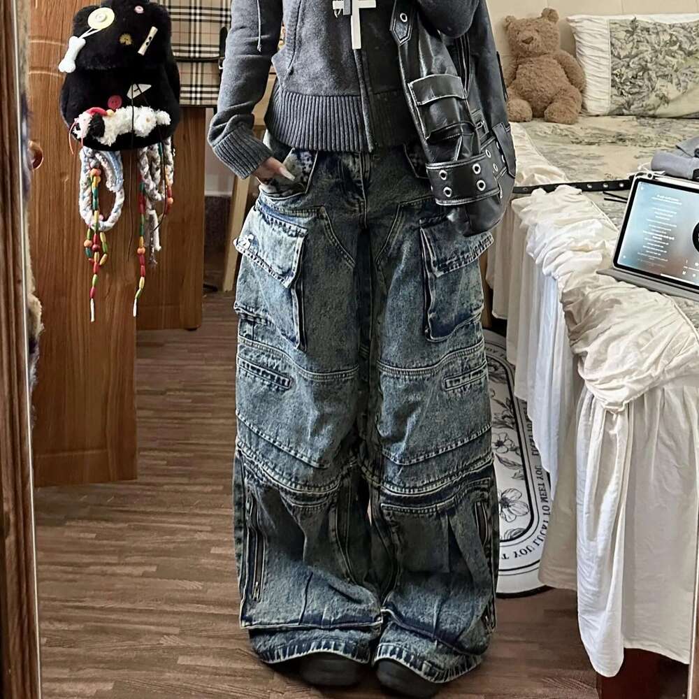 MDNG Stylish Street Multi-Pocket High Waist Cargo Pants Women American Vintage Wide Leg Haruku Hip Hop Y2k Jeans