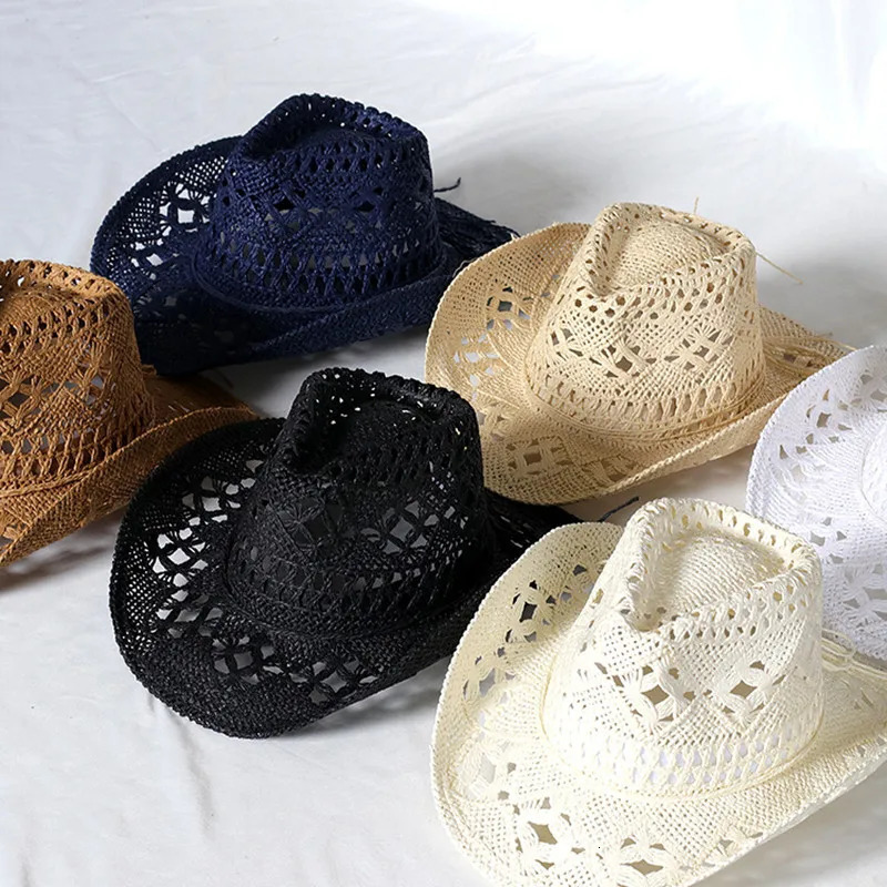 Cowboy hat fashion hollow handmade cowboy straw hat mens summer outdoor travel beach hat unisex solid color western cowboy hat 250218