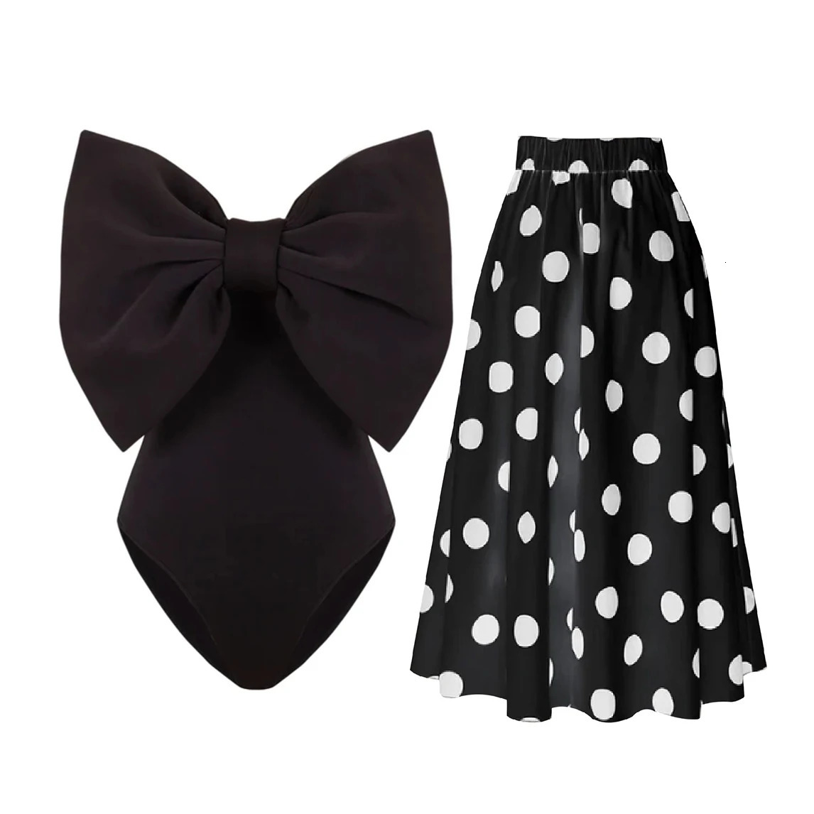 2025 Black Retro One Piece Swimsuit Women Bow Tie Swimwear with Skirt Sexy Hollowen Bathing Suit Monokini Beachwear Bodysuit 250225