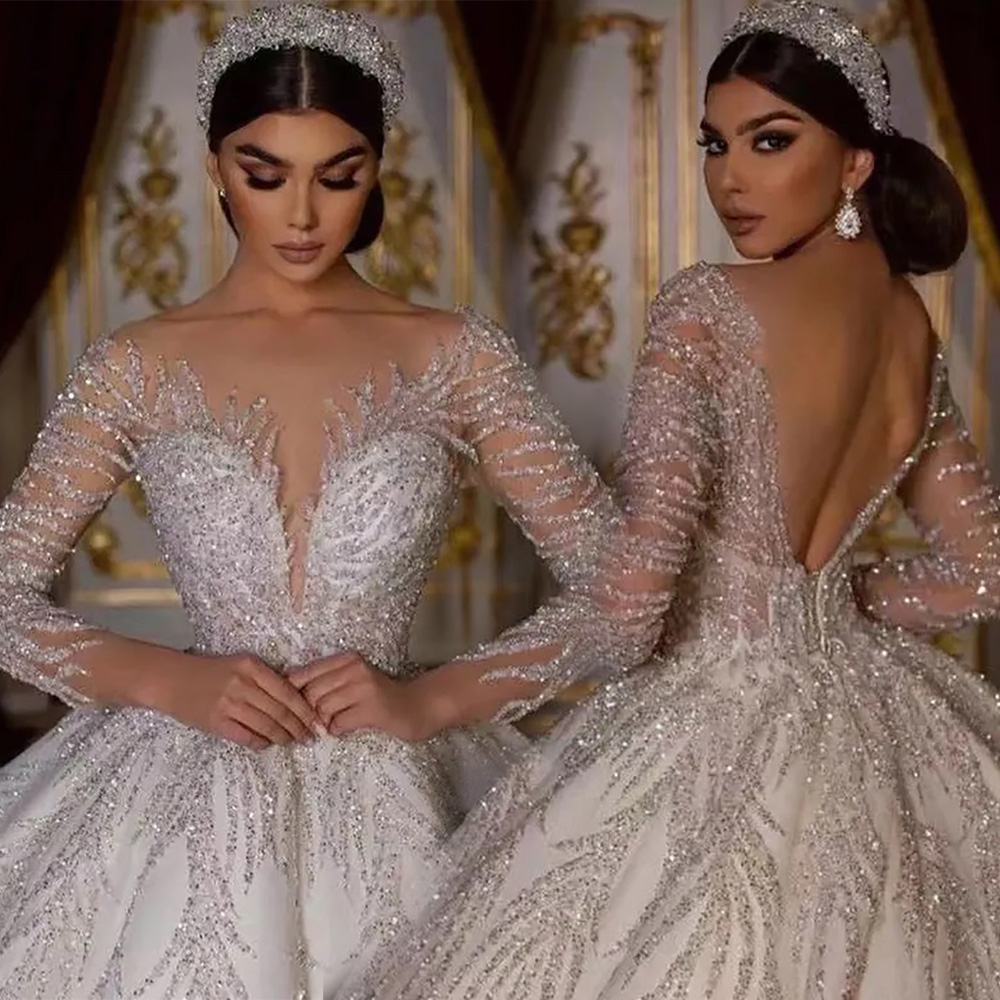 A-Line Wedding Dresses Stunning Princess ball Wedding For Women Long Sleeves Turkish Bridal Gowns Backless Sequin Vestido De Noiva crystals