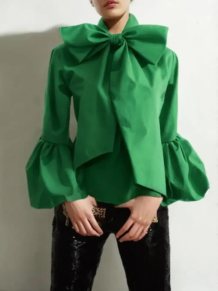Modi Bowknot High Collar Shirt for Women Lantern Sleeve Fit Solid Green Blouse Urban Womens Fashion Top 250225