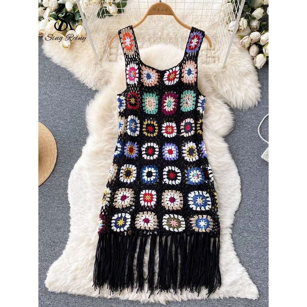 SINGREINY 2023 Sunmmer Knitted Hook wer Hollow Out Tassel Women Slim Streetwear Original Design Fashion Vintage Dress