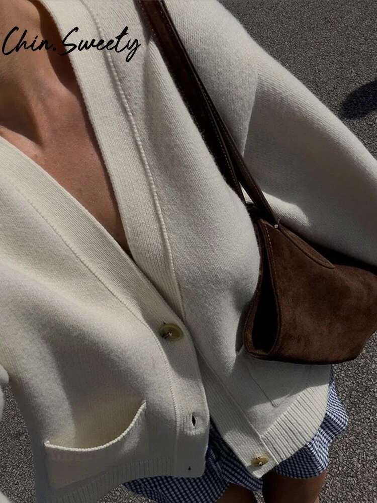 Lazy Knitted Women Cardigan Autumn Loose Long Sleeve V-Neck Single Breasted Pocket Female Sweater 2024 Fashion Lady Knitwear
