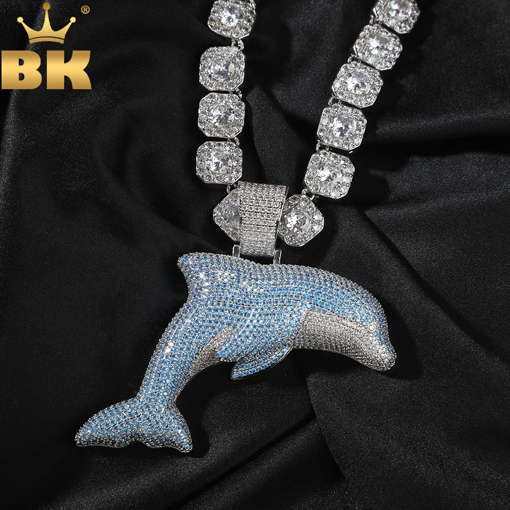 THE BLING KING Iced Out Big Size Dolphin Pendant Micro Paved Sky Blue Cubic Zirconia Cute Pendant Necklace Hiphop Jewelry 250225