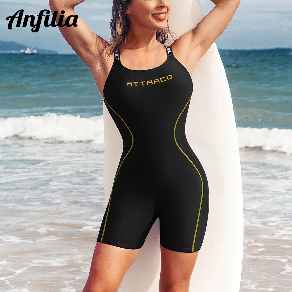 Anfilia One Piece Women Sports Swimwear Backless Boxer Conservative Swimsuit Patchwork Beach Wear Bathing Suit 250225