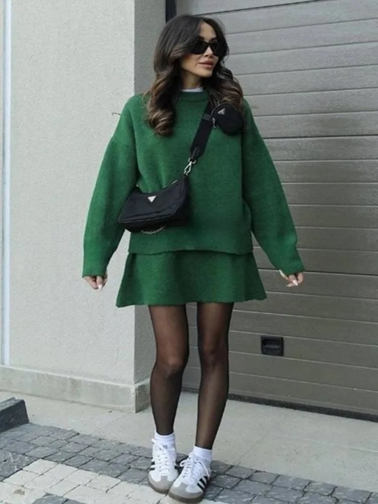Elegant Skirt Suits Women O-neck Knitted Long Sleeve Pullovers High Waist Short Skirts Female Sets Autumn Lady Outerwears 250225