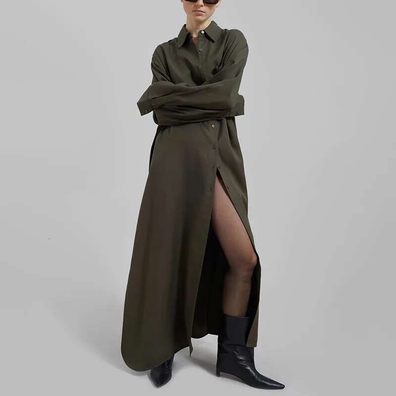 Getspring Women 2024 Autumn Solid Simple Split Full Sleeve Single Breasted Loose Casual Long Shirt Dress All Match Fashion