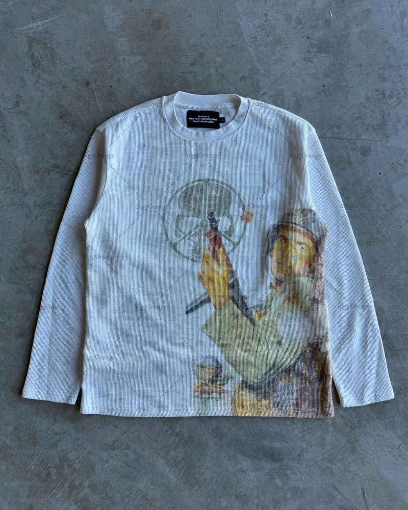 Trendy Harajuku Y2K Retro Streetwear High Street Cartoon Printed Long-sleeved T-shirt Men Hip-hop Punk Casual Loose Top 250225