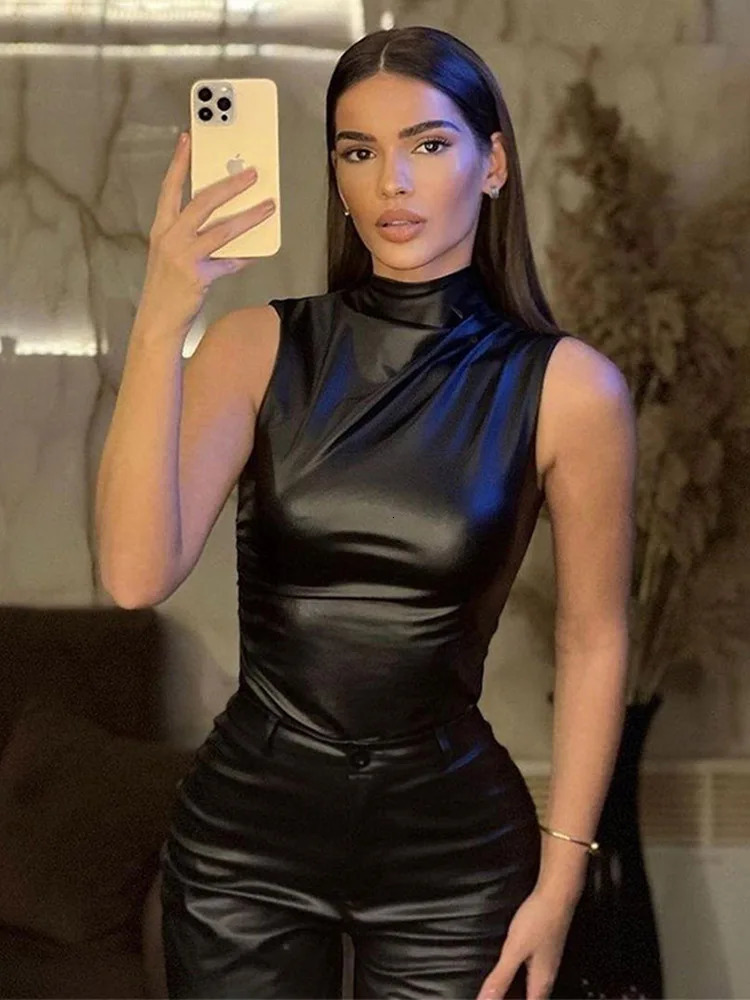 Women Y2K Vintage Pu Simple Basic Tank Top High Waist Skinny Shrunk Slash Cut Sleeveless Tops Versatile Shirts 250225