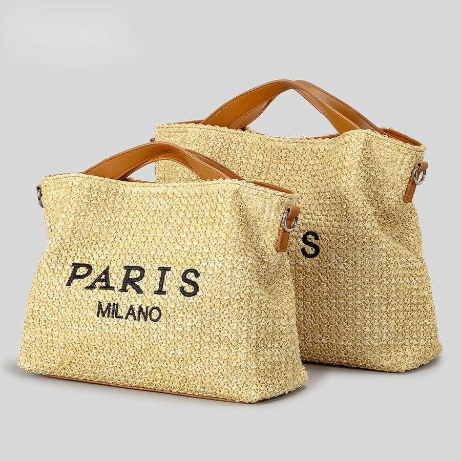 French woven bag, beach vacation bag, women's letter embroidery, large capacity tote bag, summer single shoulder crossbody bag 250215