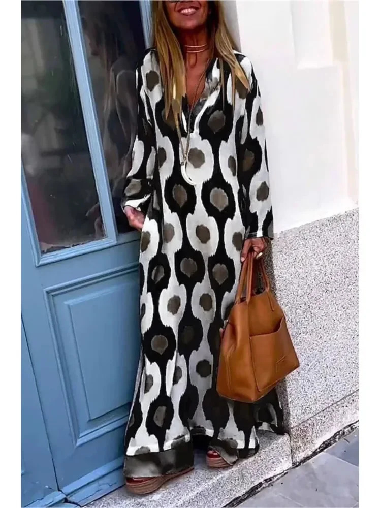 Autumn Causal V NeckWomen Geometric Maxi Dress Long Sleeve Dresses Female Holiday Beach Boho Dress 250225