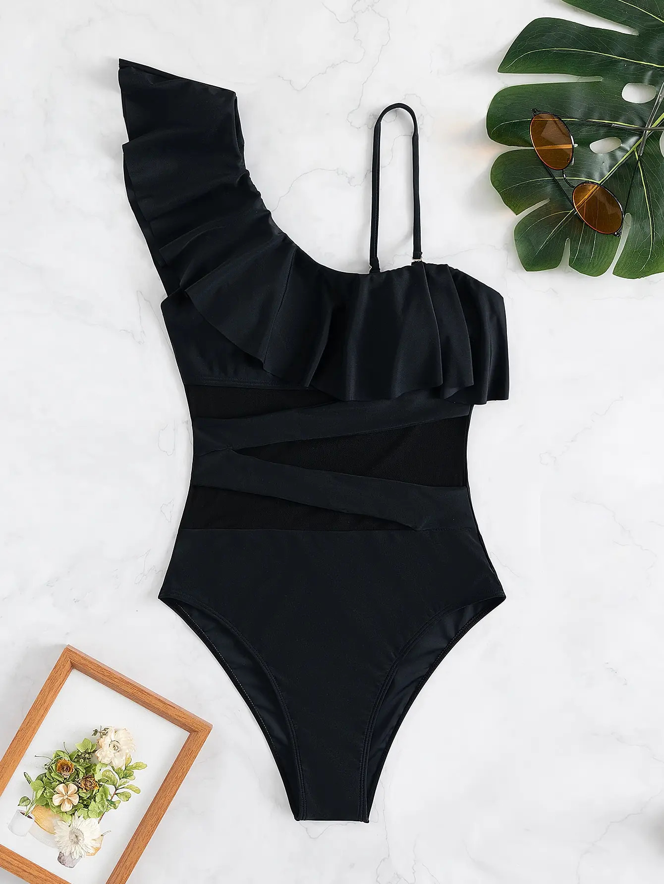 Ruffle Contrast Mesh Swimsuit Women One Piece Swimwear Bodysuit Bathers Bathing Swimming Swim Suit Sports Beachwear 250225