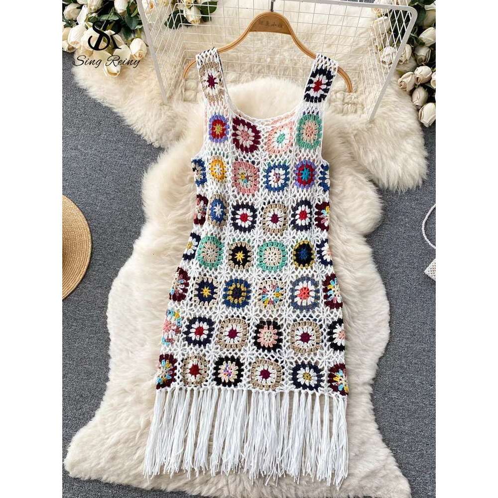 SINGREINY 2023 Sunmmer Knitted Hook wer Hollow Out Tassel Women Slim Streetwear Original Design Fashion Vintage Dress