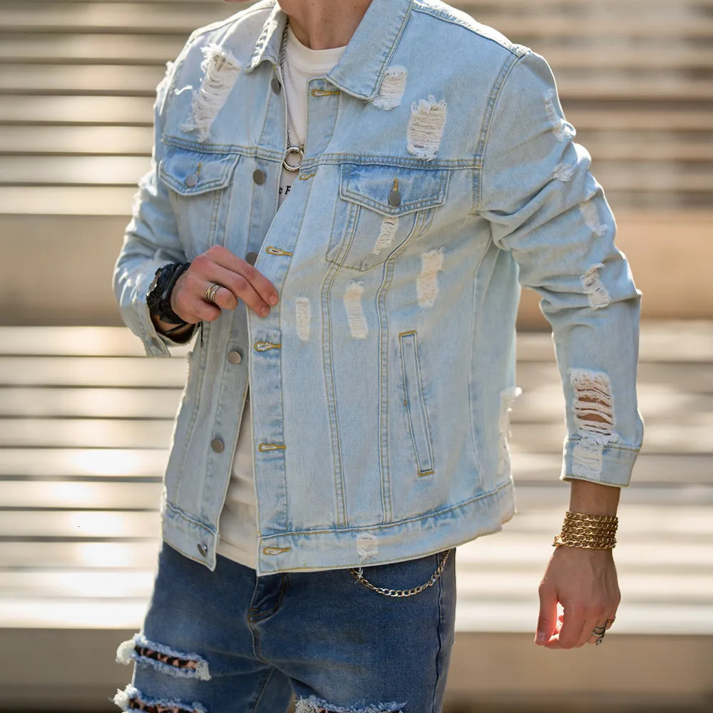 Streetwear Men Ripped Solid Slim Denim Jacket High Quality Male Holes Motorcycle Casual Denim Jacket Coat 250225