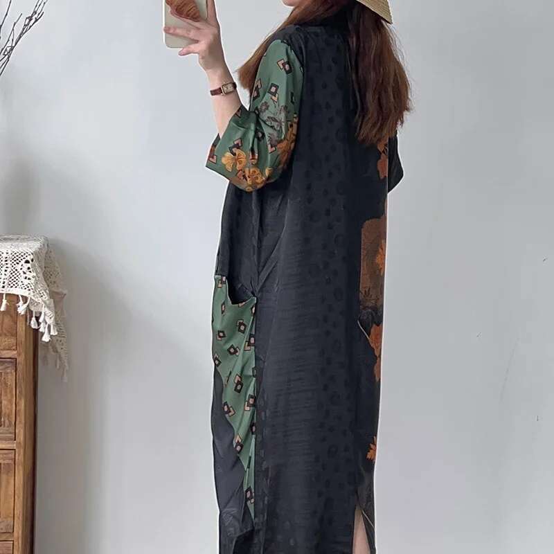 New Women Vintage Cross V Neck Ral Print Knotted Loose Maxi Long Dress Female Silk Retro Casual Party Vestidos De Mujer