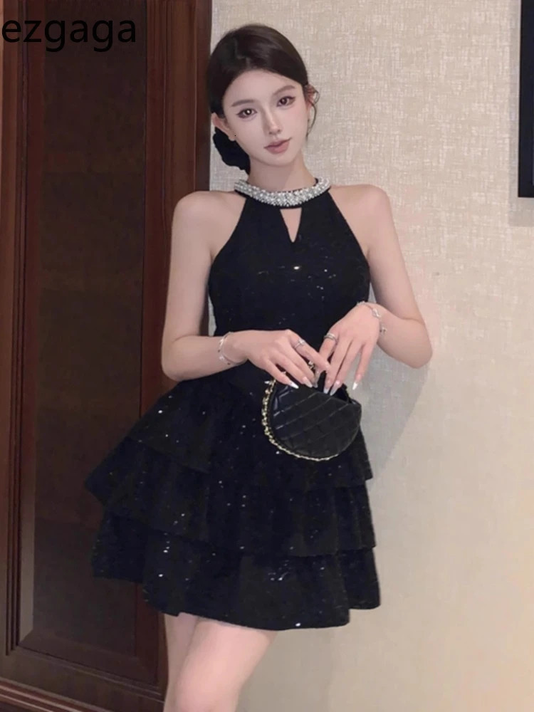 Ezgaga Woman Dress Sleeveless Sequins Rhinestone Halter Hollow Out Slim Ruffles Bowknot Vintage Elegant Mini Dresses Sexy Ladies 250225