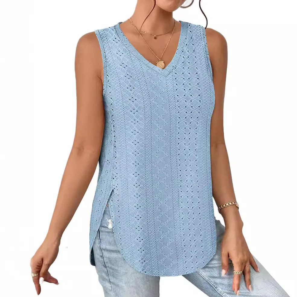 Womens Summer Top V-neck Vest Sleeveless Eyelet Jacquard Top Casual Vest Side Split T-shirts For Women Knitted Top 250226