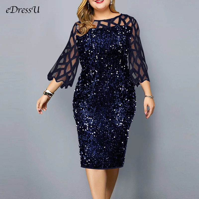 eDressU Women Sequins Lace Evening Party Dress 3/4 Sleeves Plus Size Mid-Calf Elegant Cocktail Formal Dress LYT-3187 250225