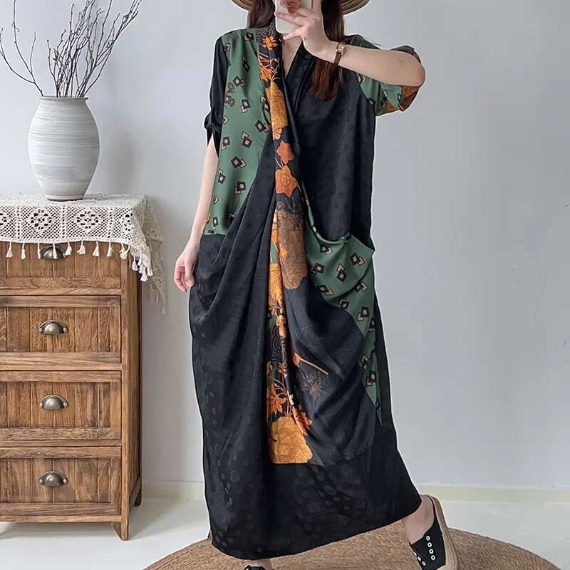 New Women Vintage Cross V Neck Ral Print Knotted Loose Maxi Long Dress Female Silk Retro Casual Party Vestidos De Mujer