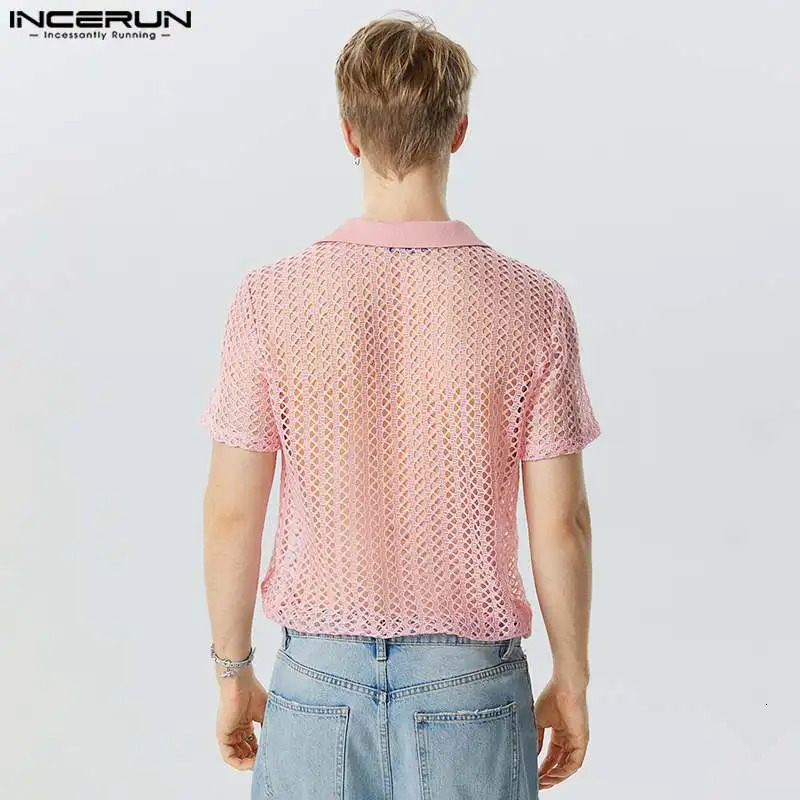 Mens Shirt Mesh Transparent Hollow Out Lapel Short Sleeve Mens Clothing Streetwear Sexy Solid Fashion Shirts S-5XL INCERUN 250222