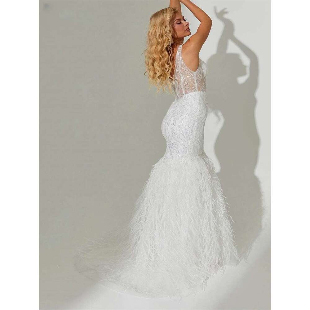 White Feather Mermaid Tail Party Sparkly Sequins, Deep V-Neck Prom Dress, Sexy Sleeveless Dress
