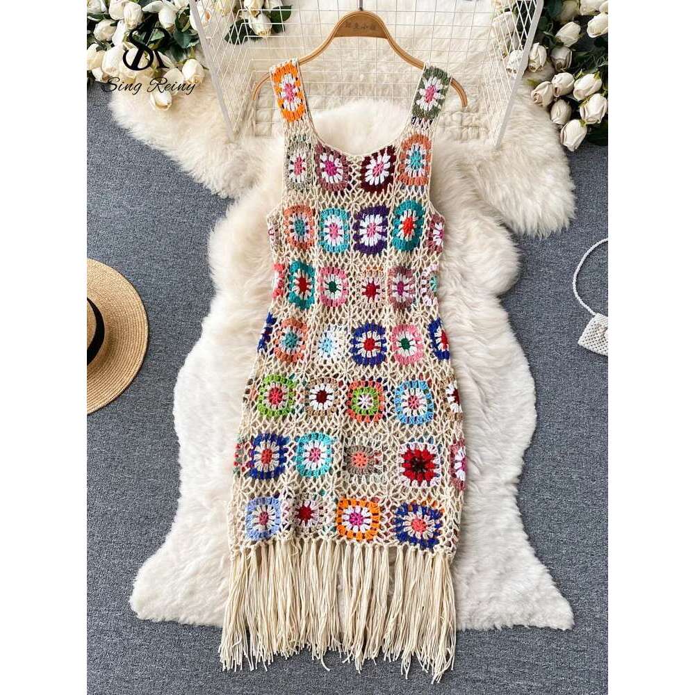 SINGREINY 2023 Sunmmer Knitted Hook wer Hollow Out Tassel Women Slim Streetwear Original Design Fashion Vintage Dress
