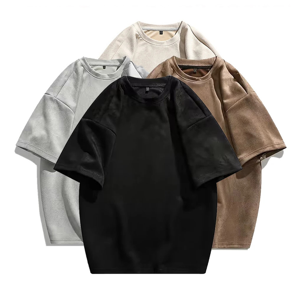 Summer Men Vintage Short Sleeve T Shirts Solid Color Hip Hop Loose Tees Drop-shoulder Sleeve Crew Neck Oversized T-shirt 250225