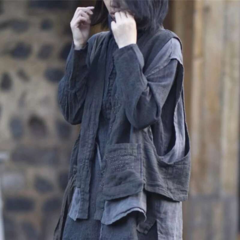 Cotton En Vests Spring Designal Tanks Tops Women Vintage Sleeveless Blouse Casual Irregular Lace Up Fake Two Ed Blusas