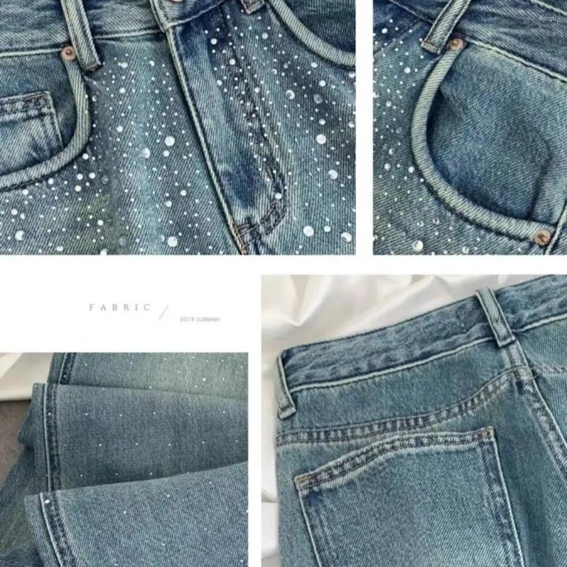 Womens Jeans Shiny Rivet For Women 2025 High Waist Straight-Leg Slim Denim Pants Diamond-Studded Washed Blue Female Tr