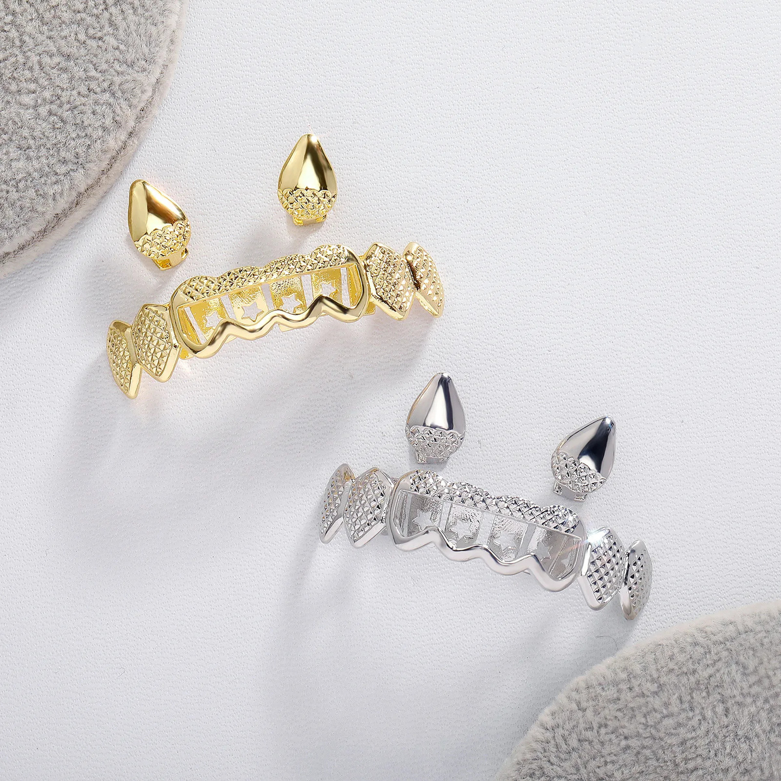 Hollow Fang Iced Out Teeth Hip Hop Top Bottom Grills Dental Mouth Punk Teeth Caps Cosplay Party TG105 250220