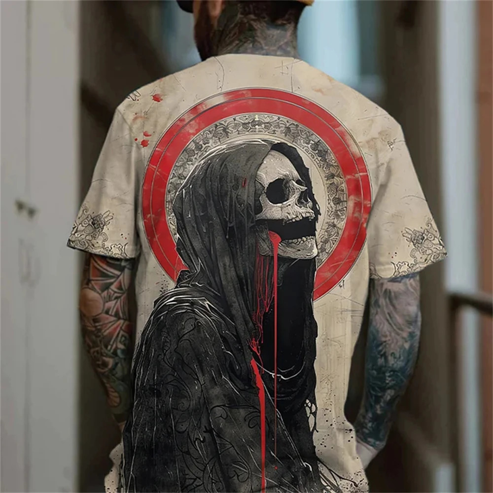 Vintage T Shirt For Men Summer Horror UndeadSkulls Pattern Printed Short Sleeve Oversized T-shirt Loose Men Clothing s-5XL 250226