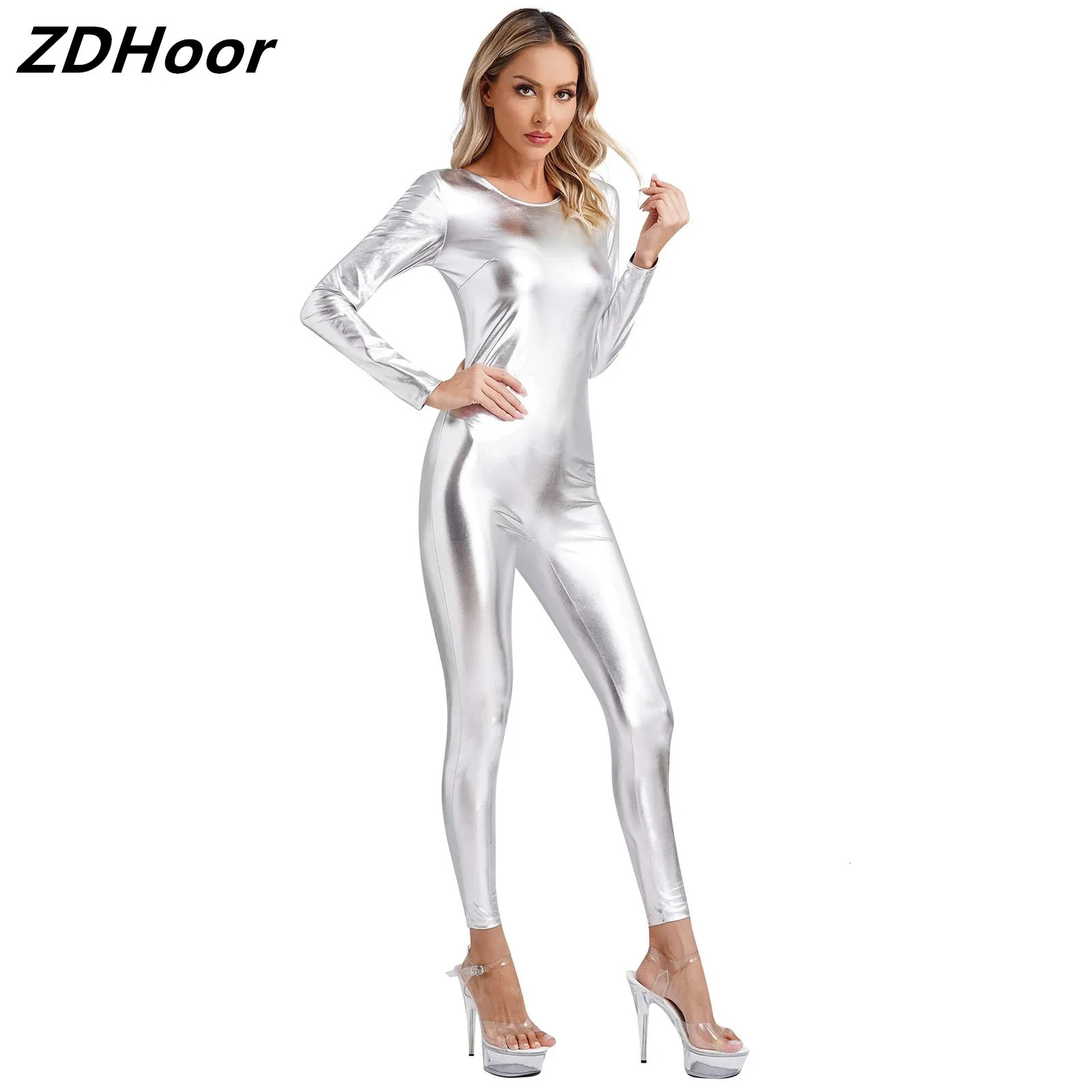 Womens Metallic Shiny Unitard Dancewear Round Neck Long Sleeve Slim Fit Full Bodysuit One Piece Clubwear Festival Costumes 250224