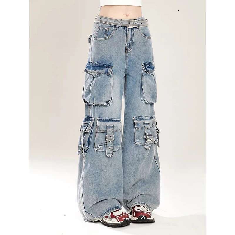 Deeptown Heavy Industry Cargo Jeans Women Vintage Oversize Pocket Wide Leg Streetwear Gyaru Denim Pants Acubi Trousers Aesthetic