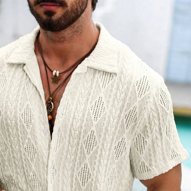Beach Casual Breathable Mesh Lace Shirt Men Summer Vintage Hollow Out Lapel Button-up Cardigans Mens Shirts Short Sleeve Shirts 250222