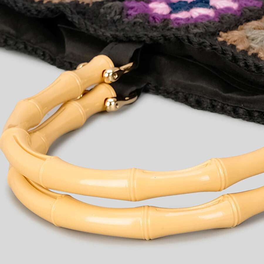 Vintage Crochet Granny Square Tote Designer Bamboon Handle Women Handbags Knitted Handmade Woven Big Shopper Purses 2023 Bag