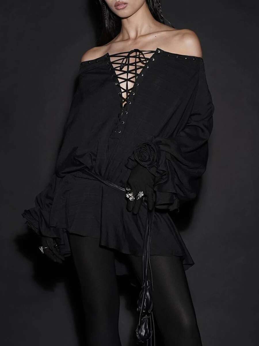 Solid Lace Up Loose Dresses For Women Slash Neck Long Sleeve High Waist Designer Mini Dress Female Fashion Style